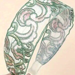 NEW Embroidered pink green headband vintage inspired